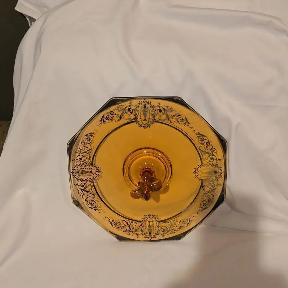 CAMBRIDGE AMBER GLASS Serving Sandwich Tray!  Art Deco Design,Sterling Etching! - Picture 5 of 9
